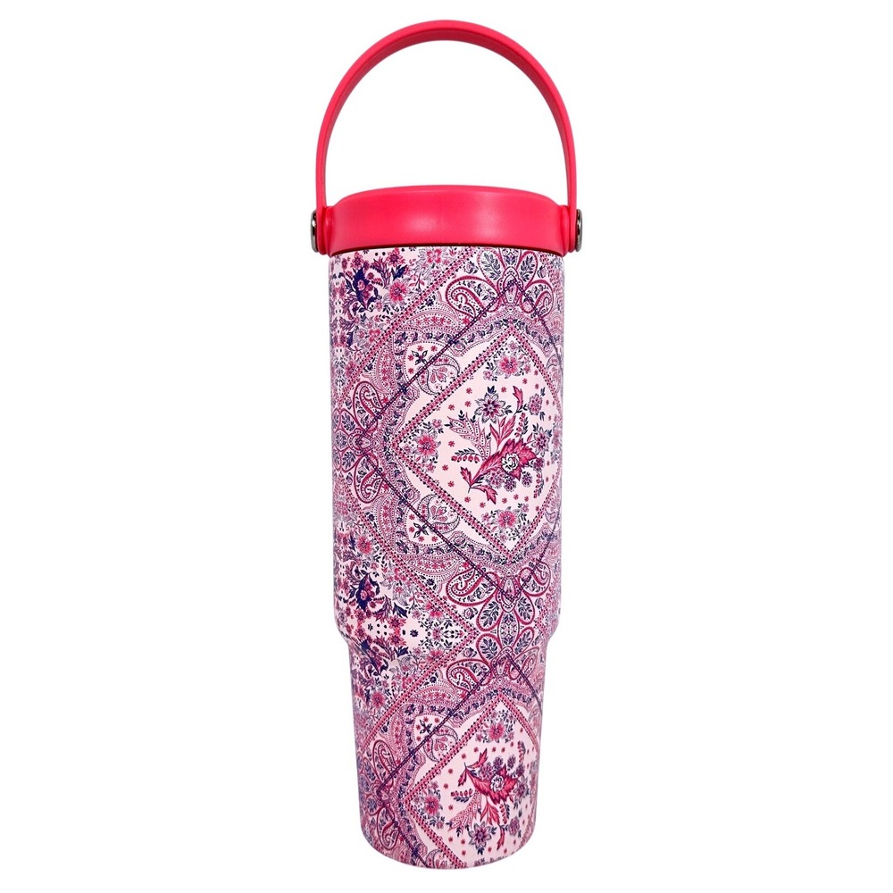 Steve Madden Tumbler Women 32oz Pink Paisley New Flex Handle Insulated Cup Straw